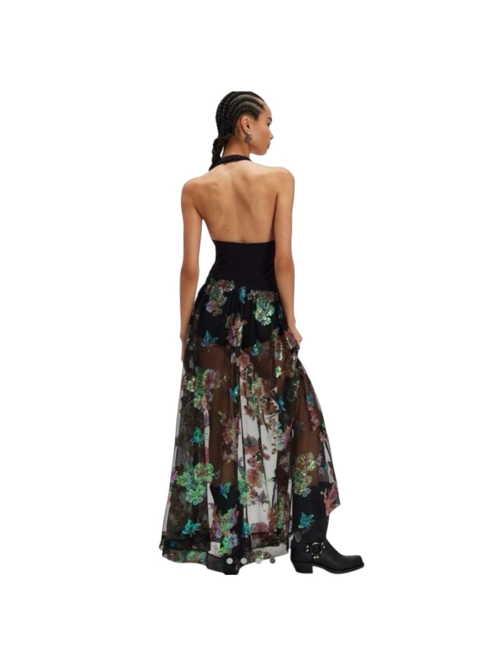 Free People Fioritura Sequin Floral Sheer Maxi Skirt Black Multi Size 4 NWT - Picture 2 of 8